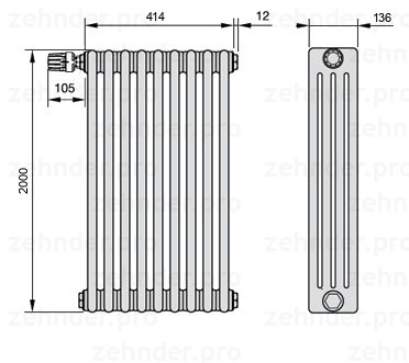 Схема (чертеж) Радиатор Zehnder Charleston 4200/9 №V011 Белый глянцевый RAL 9016